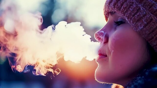 Close-up photo of a woman exhaling steam into the cold winter air. The warmth of her breath creates a beautiful cloud in the chilly air