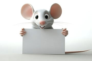 A cheerful cartoon mouse holding a blank sign, ready for a message or advertisement.