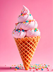 Pink Ice Cream Cone with Sprinkles on Pink Background.