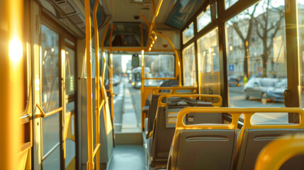 Fototapeta premium Inside a bright yellow city bus with empty seats capturing the daylight on a bustling street during the city’s daytime hours
