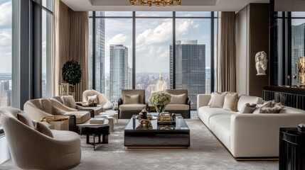 Luxurious living room with modern furniture, plush fabrics, and gold accents. Floor-to-ceiling windows with city views