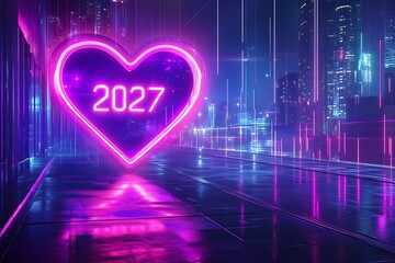  Happy New Year neon background. Neon frame in heart form with shining effects for Christmas holiday greeting card, flyers or posters.