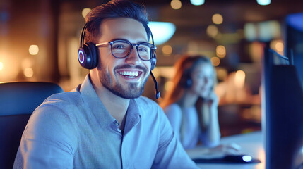 Stylish male customer service worker in headset smiles while assisting a surprised female customer in a call center office at night