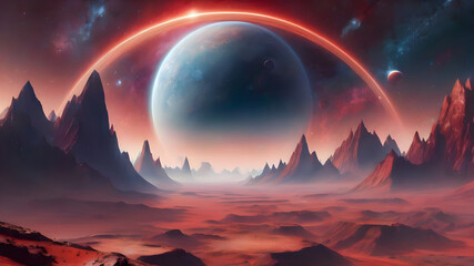 A red and blue planet with a large, glowing ball in the center