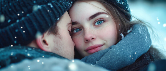 A loving european couple embraced in the snow, sharing a tender moment outdoors on a winter day, their eyes locked in a deep gaze of affection