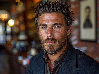 Portrait of a Handsome Man with Blue Eyes and Beard