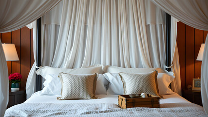 A bed with a canopy and white pillows