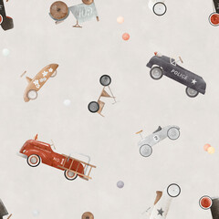 Watercolor cute pattern with retro toy cars. Wallpaper for boy. Vintage style. Gray background. © bukhavets
