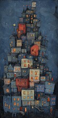 Fototapeta premium A Christmas tree depicted as miniature houses, each adorned with windows and lit tops