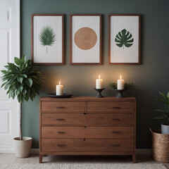 modern interior dining room featuring an Ebony wooden chest of drawers with a dark slate grey wall illustration image.