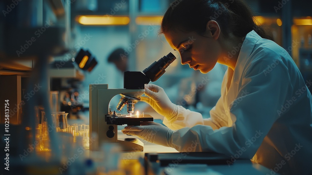 Wall mural scientist in laboratory using microscope
