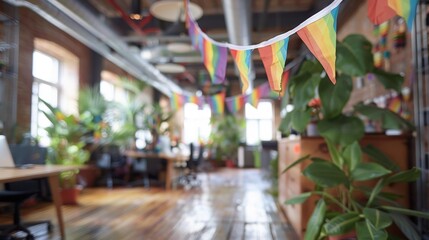 Rainbow flags in a vibrant office, symbolizing inclusivity, diversity, and LGBTQ+ pride in the workplace.