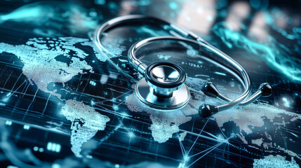 3D rendering of a stethoscope on a digital world map showcasing data visualization elements in global healthcare advancements