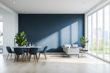 Modern Apartment Interior Design with Blue Wall and Minimalist Dining Room in 3D Rendering