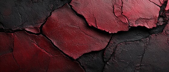 Fototapeta premium A tight shot of a red-and-black wall with a prominent crack bisecting its surface against a dark backdrop
