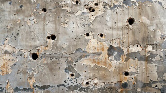 Weathered Concrete Wall with Bullet Holes and Cracked Paint