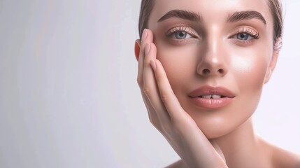 skin care. Beautiful woman touching healthy facial skin portrait. Beautiful smiling Asian girl model with natural makeup, close-up on blue background, touching glowing hydrated skin