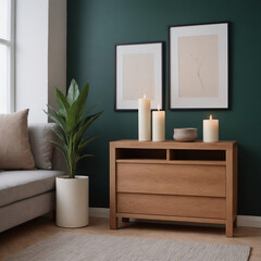 A modern interior subway station waiting area featuring a Teak wooden chest of drawers with a dark violet wall Illustration image.