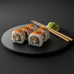 sushi roll on a black plate with chopsticks