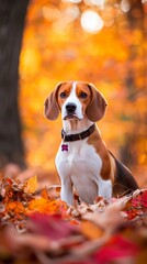  A brown-and-white dog sits atop a mound of leaves before a forest teeming with trees