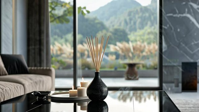 A black diffuser bottle with reeds sits on a coffee table in front of a window with a view of mountains