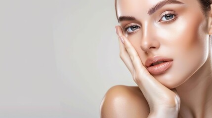 Naklejka premium skin care. Beautiful woman touching healthy facial skin portrait. Beautiful smiling Asian girl model with natural makeup, close-up on blue background, touching glowing hydrated skin