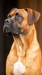 Obraz premium A dog's face with a brown and white patch against a black backdrop
