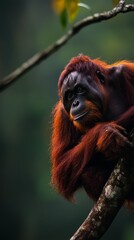  A tight shot of a monkey on a tree limb against softly blurred background trees