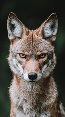Fototapeta premium A tight shot of a fox's face gazing into the lens, surrounded by an indistinct backdrop of trees