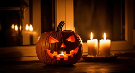 Glowing jack-o-lantern with candles on Halloween night