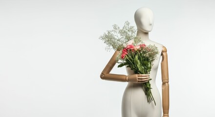 Elegant mannequin holding bouquet of fresh flowers on white background