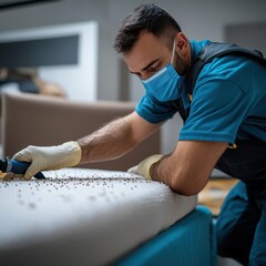 Obraz premium a man in blue shirt and blue gloves is working on a bed