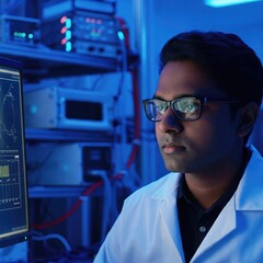Fototapeta premium Focused Scientist Analyzing Data in Laboratory