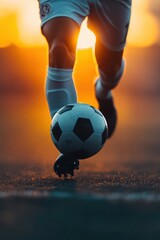 soccer player kicking ball at sunset