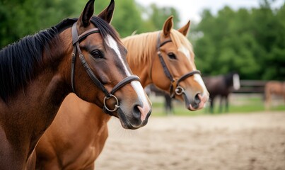 horses harnessed with copy space image , Generative AI
