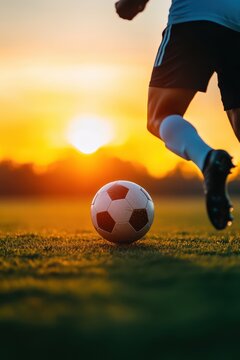 Fototapeta soccer player kicking ball at sunset