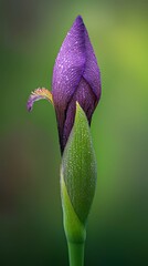 Obraz premium A tight shot of a purple bloom, petals speckled with water droplets, against a vaguely focused green stem