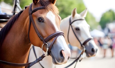 Obraz premium horses harnessed with copy space image , Generative AI