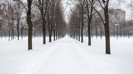 Obraz premium a snowy path lined with trees in a park