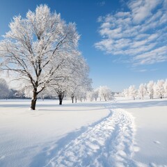 Obraz premium a snowy field with trees and a path