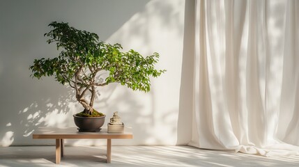 A serene indoor scene featuring a bonsai tree on a minimalist table, illuminated by soft sunlight filtering through sheer curtains.