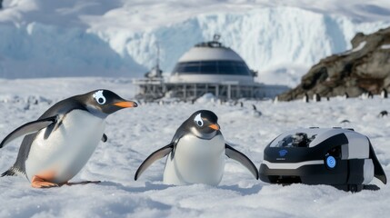 Obraz premium Robotic penguins study Antarctic ice with real penguins in sight