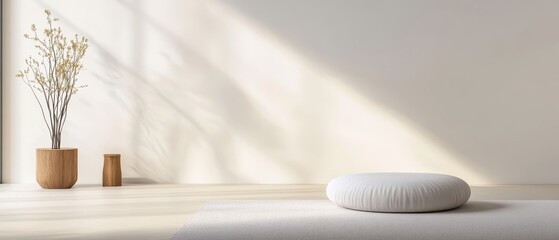 A serene, minimalist interior featuring a round cushion and potted plants, illuminated by soft, natural light.