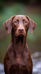  A brown dog sits atop a riverside, adjacent to a lush, green grassy field dotted with trees in the background