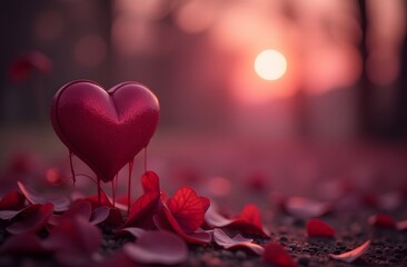 Valentines day background with copy space. The heart is surrounded by red petals, which are scattered around it. Concept of love and romance.