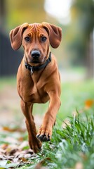  A tight shot of a dog dashing through a lush grassy expanse, scattered with fallen leaves and framed by trees in the backdrop