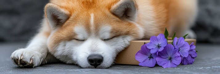  A tight shot of a dog resting on the ground, its head near a box alongside a vibrant purple flower