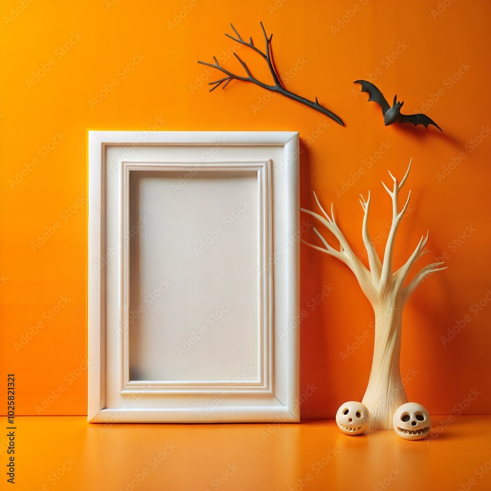 Wall mural white empty frame in orange solid color studio scene white lights. halloween background. product dis