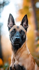  A tight shot of a dog amongst grassy hills, framed by trees and an expansive sky behind