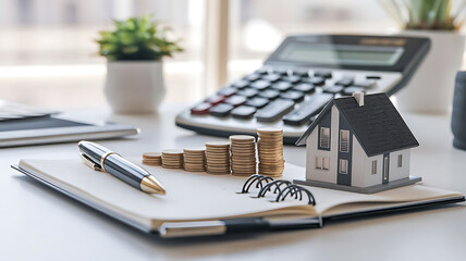 tax day background,House model, house placed on a white surface, next to a calculator, a pencil, and some coins, symbolizing home finances, budgeting, or real estate planning.	